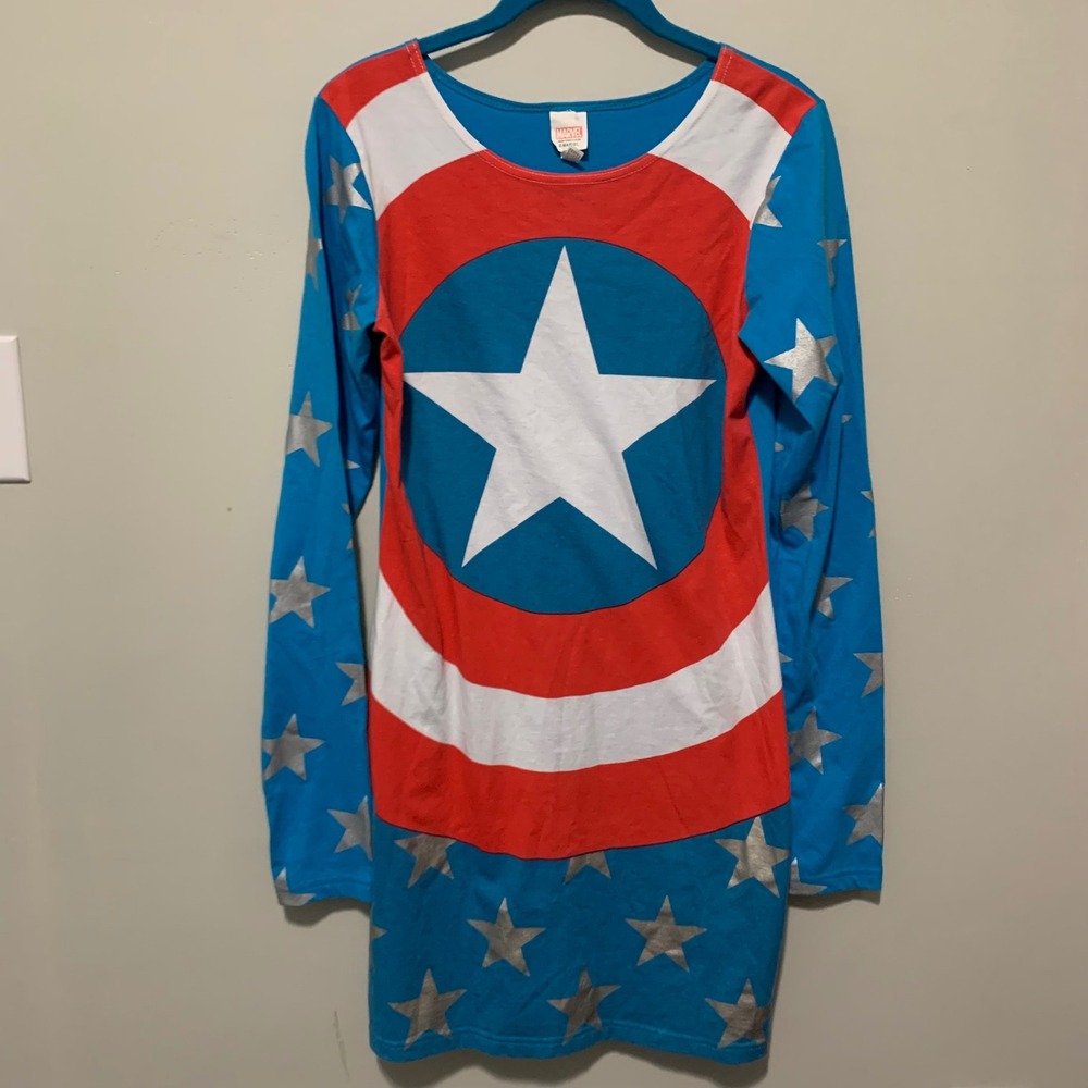 Marvel Captain America Costume Dress Blue Silver Stars Long Sleeve Small Medium